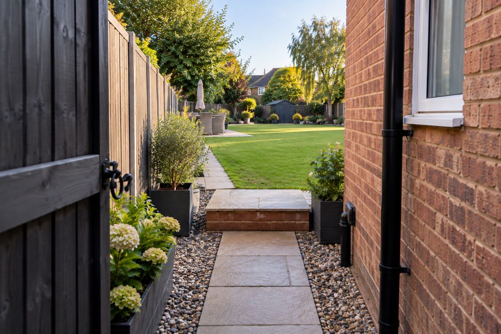 Narrow side passage opening into a large garden suitable for a marquee setup