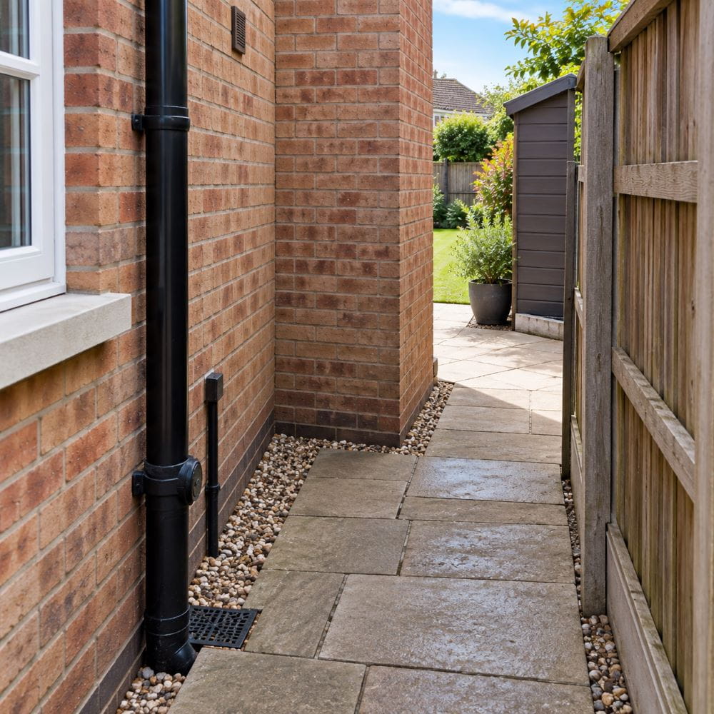 Narrow side passage and tight corner on a garden marquee access route