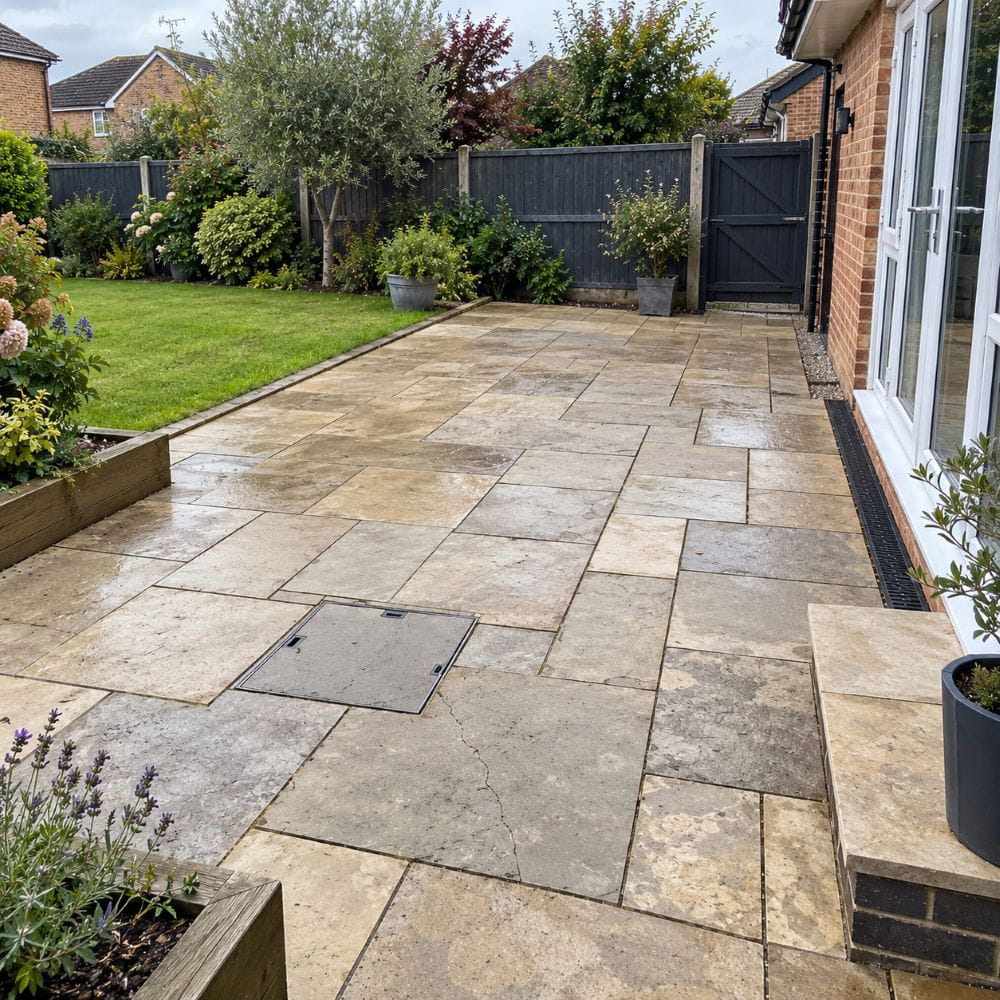 Garden patio showing paving condition, drainage and surrounding area for marquee assessment
