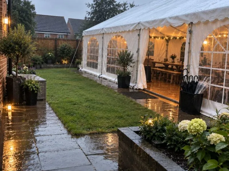 Rain During a Marquee Party Garden marquee set up for a party during wet and rainy weather