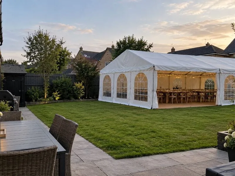 Short-Notice Marquee Hire in an Essex Garden White marquee set up in an Essex garden for a short-notice event