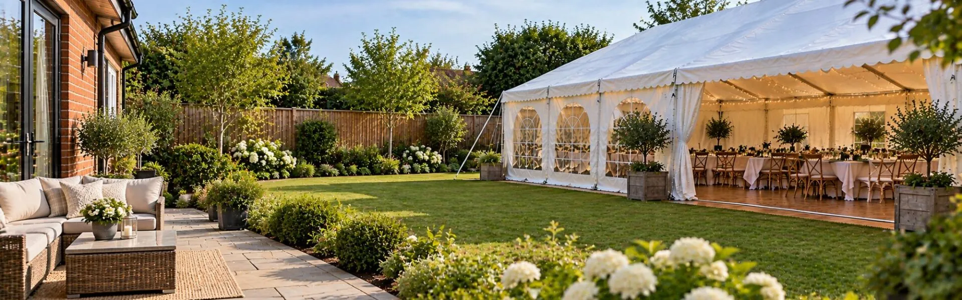 Short-Notice Marquee Hire in Essex White marquee prepared for a private garden event at an Essex home
