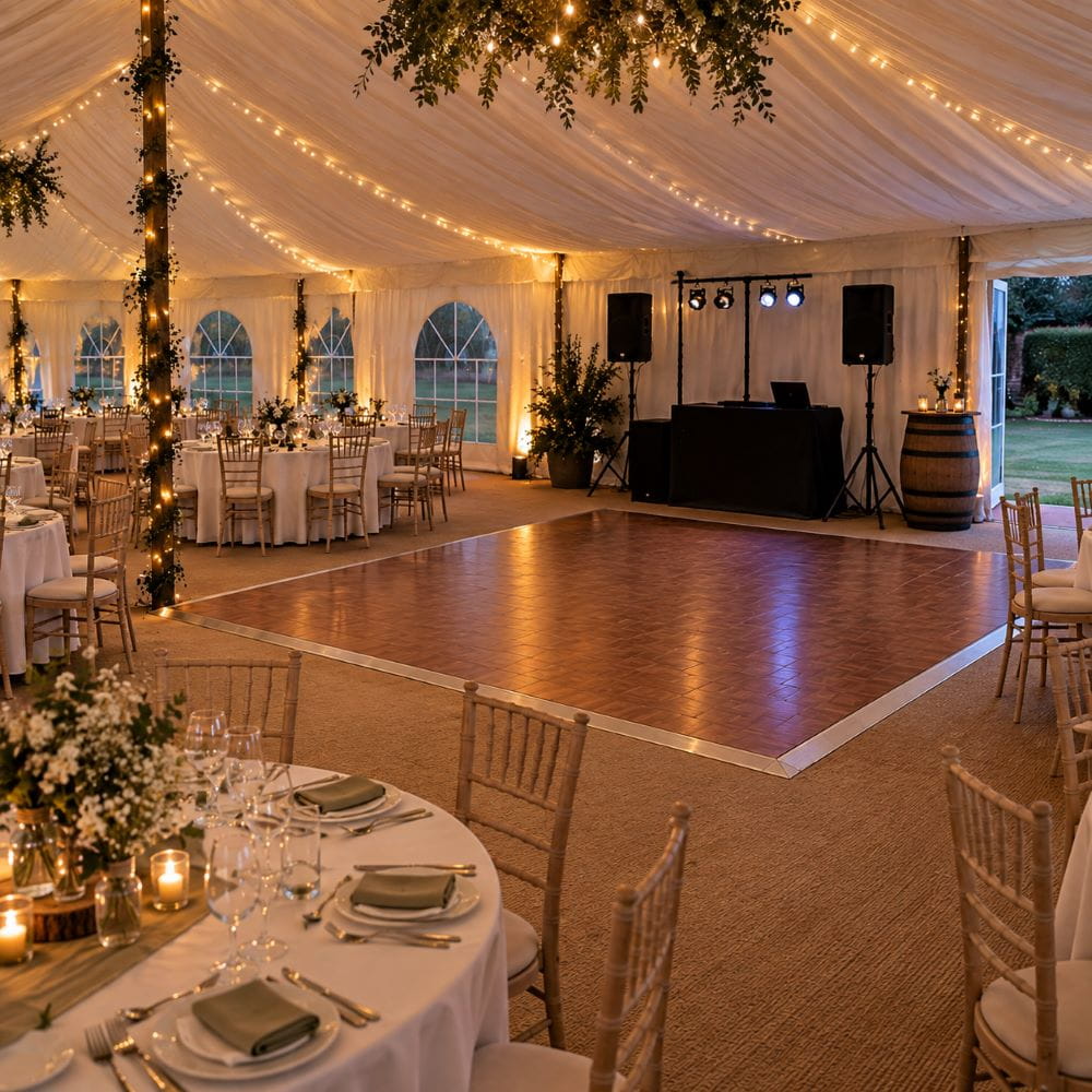 Wedding marquee dance area with seating and clear circulation routes