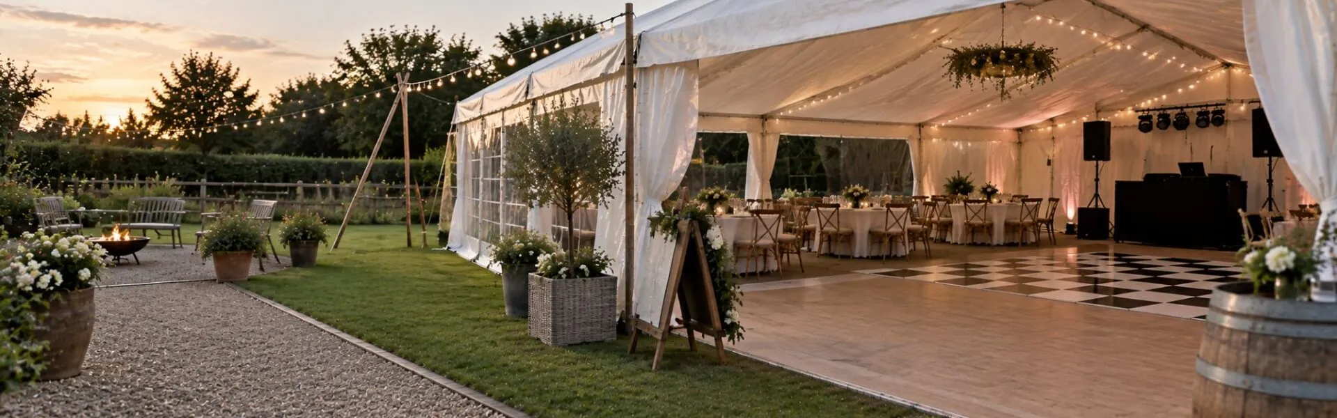 Wedding Marquee Dining and Dance Floor Layout Wedding marquee with dining tables, dance floor and speaker setup in a garden reception layout