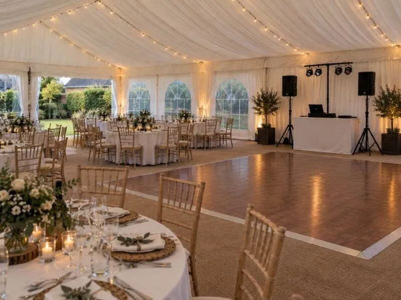 Wedding Marquee Layout with Tables, Dance Floor and Speakers Wedding marquee layout with dining tables, dance floor and speaker setup